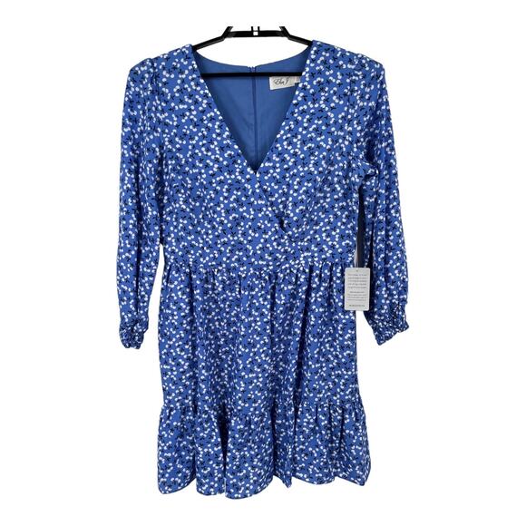 Eliza J Dress Floral Surplice neck long sleeve fit flare blue size 14 - Picture 2 of 11